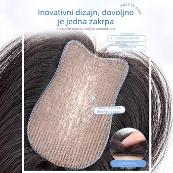 Dio perike od pravih ljudskih vlasi, prav, duljine 25 cm, za povećanje volumena na vrhu glave i prikrivanje sijedih; može se bojiti i trajno izravnati; model: ručno šiven s Velcro 8x11