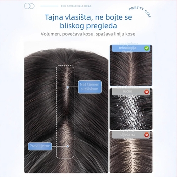 Dio perike od pravih ljudskih vlasi, prav, duljine 25 cm, za povećanje volumena na vrhu glave i prikrivanje sijedih; može se bojiti i trajno izravnati; model: ručno šiven s Velcro 8x11
