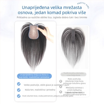 Dio perike od pravih ljudskih vlasi, prav, duljine 25 cm, za povećanje volumena na vrhu glave i prikrivanje sijedih; može se bojiti i trajno izravnati; model: ručno šiven s Velcro 8x11