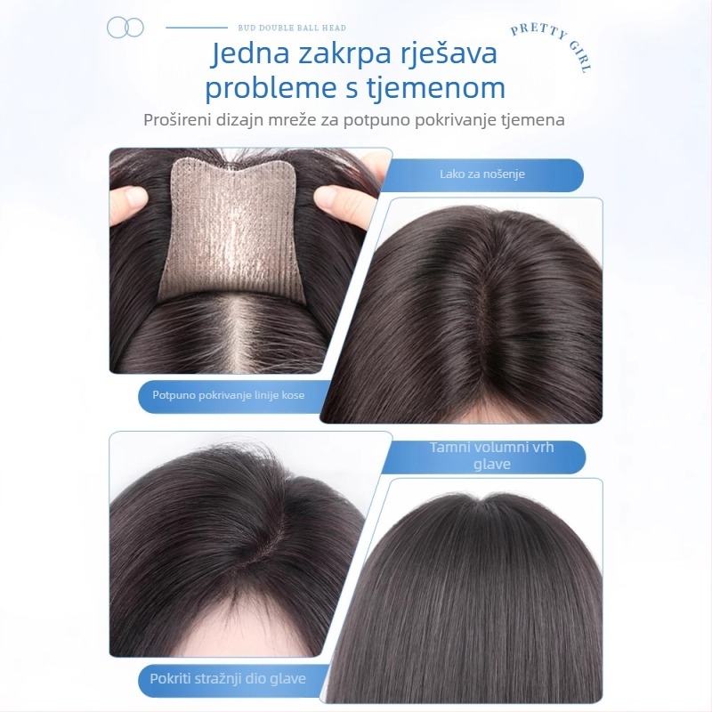 Dio perike od pravih ljudskih vlasi, prav, duljine 25 cm, za povećanje volumena na vrhu glave i prikrivanje sijedih; može se bojiti i trajno izravnati; model: ručno šiven s Velcro 8x11