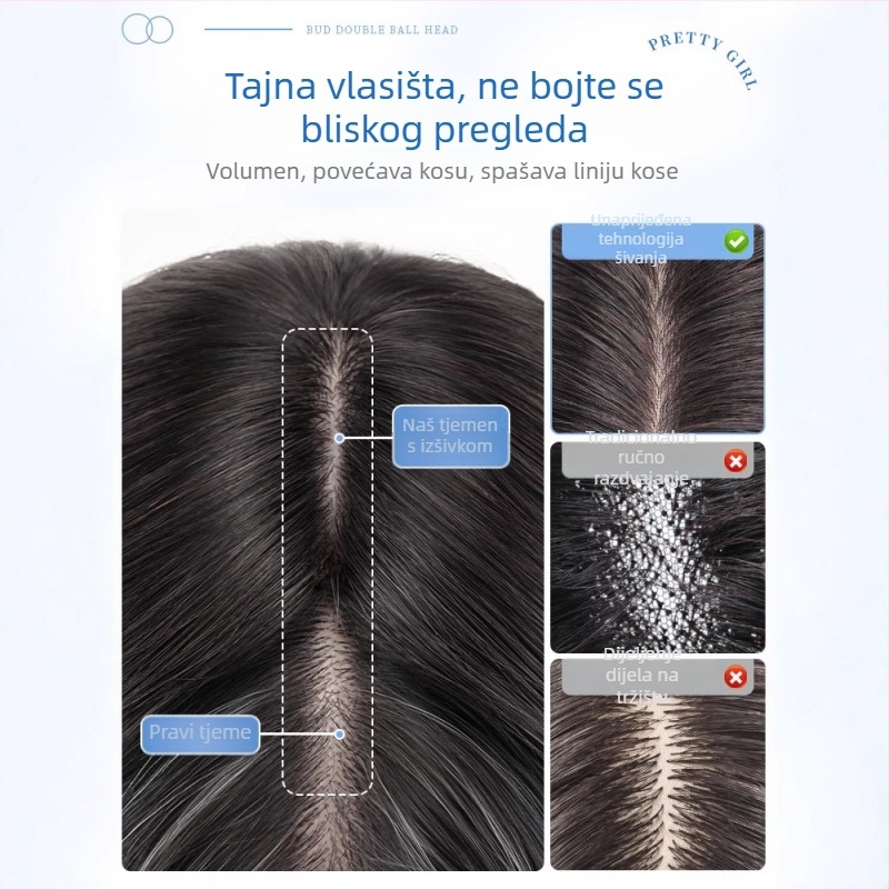 Dio perike od pravih ljudskih vlasi, prav, duljine 25 cm, za povećanje volumena na vrhu glave i prikrivanje sijedih; može se bojiti i trajno izravnati; model: ručno šiven s Velcro 8x11