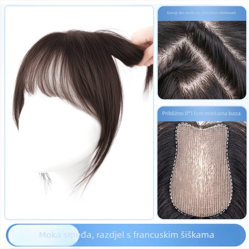 Dio perike od pravih ljudskih vlasi, prav, duljine 25 cm, za povećanje volumena na vrhu glave i prikrivanje sijedih; može se bojiti i trajno izravnati; model: ručno šiven s Velcro 8x11