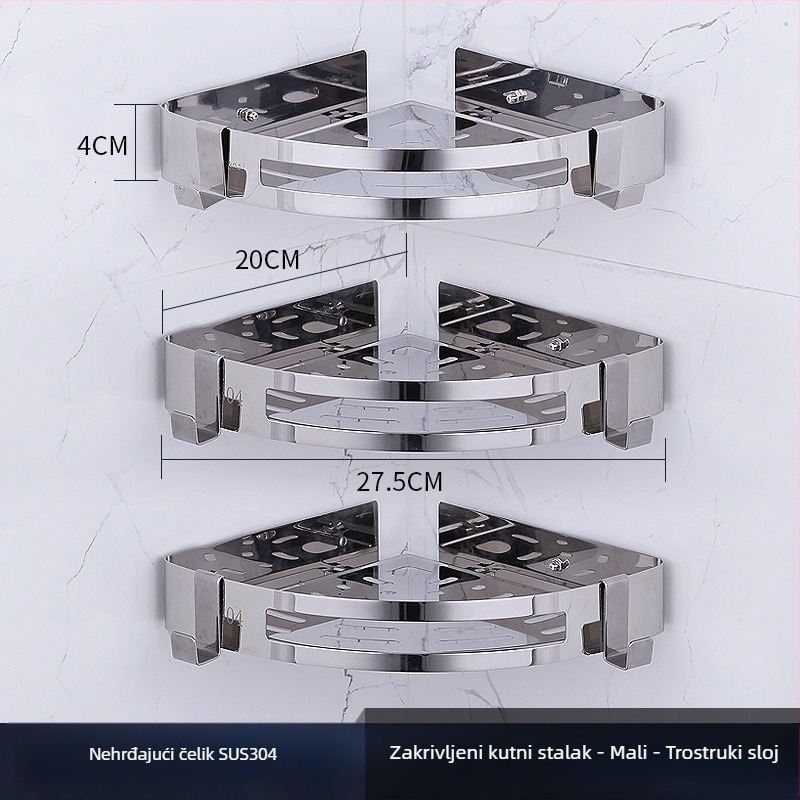 Kutni zidni ormarić za kupaonicu, nehrđajući čelik, polirani završni sloj, dvostruki sloj, model 750, nosivost 10