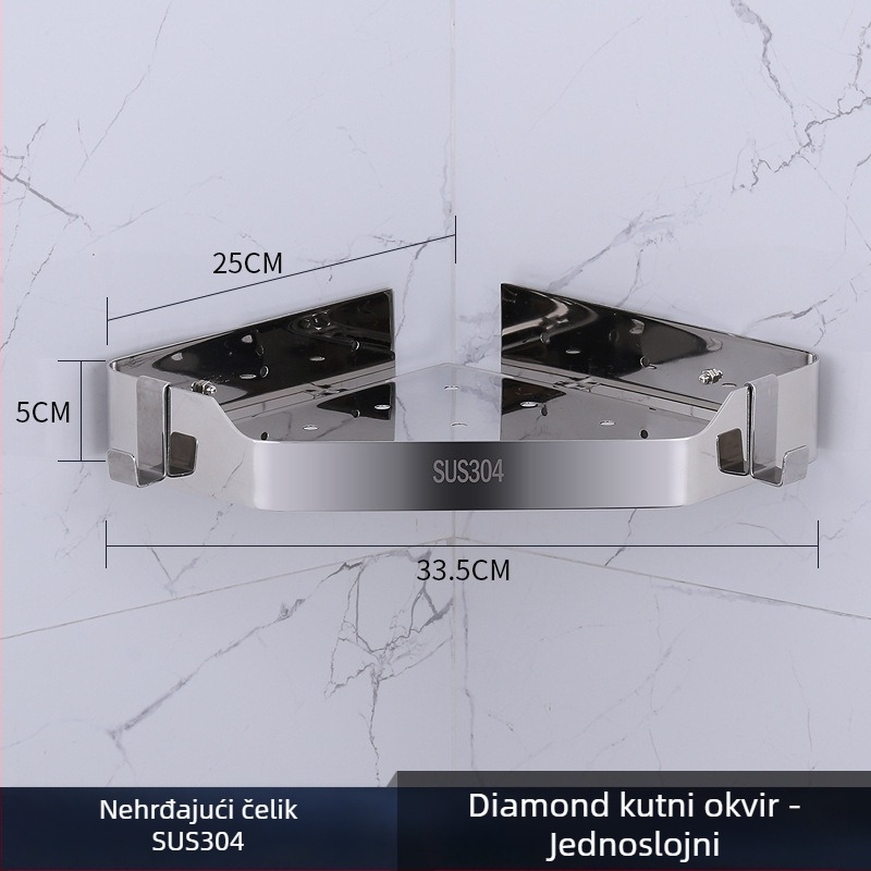 Kutni zidni ormarić za kupaonicu, nehrđajući čelik, polirani završni sloj, dvostruki sloj, model 750, nosivost 10