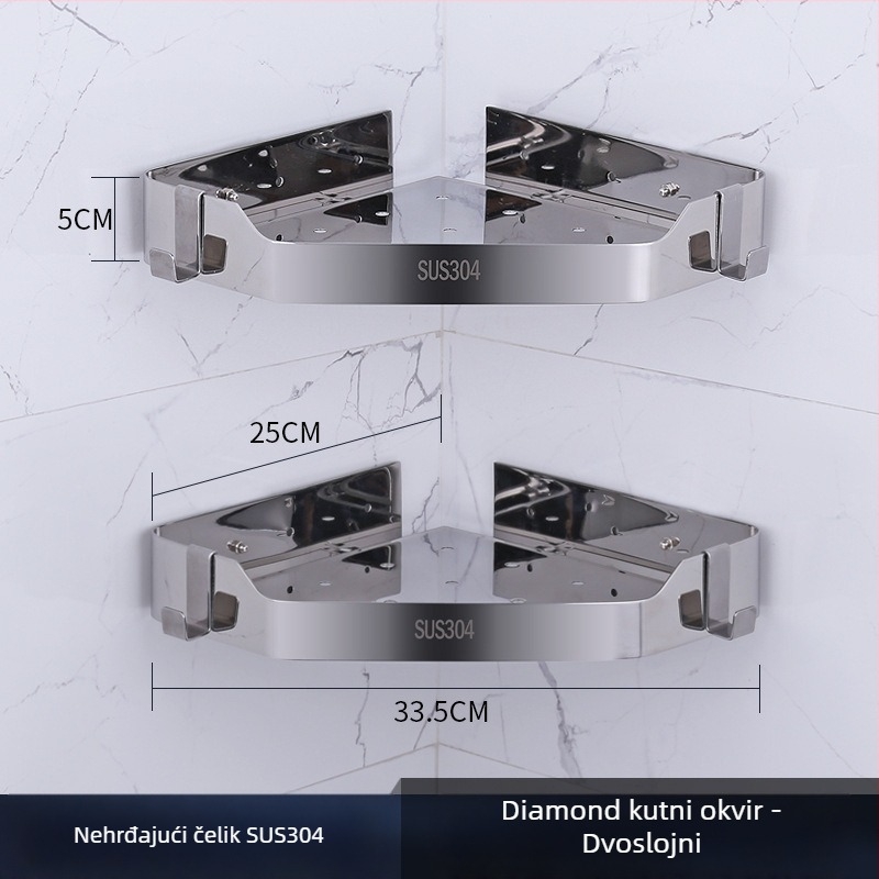 Kutni zidni ormarić za kupaonicu, nehrđajući čelik, polirani završni sloj, dvostruki sloj, model 750, nosivost 10
