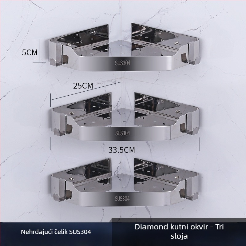 Kutni zidni ormarić za kupaonicu, nehrđajući čelik, polirani završni sloj, dvostruki sloj, model 750, nosivost 10