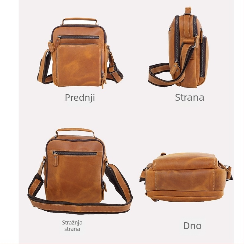 Muška kožna torba preko ramena, Crazy Horse koža, velika kapaciteta, casual retro (Prava koža • Gornji sloj teleće kože • 10-inčni laptop • Podstava: poliester-pamuk • Otporna na habanje)