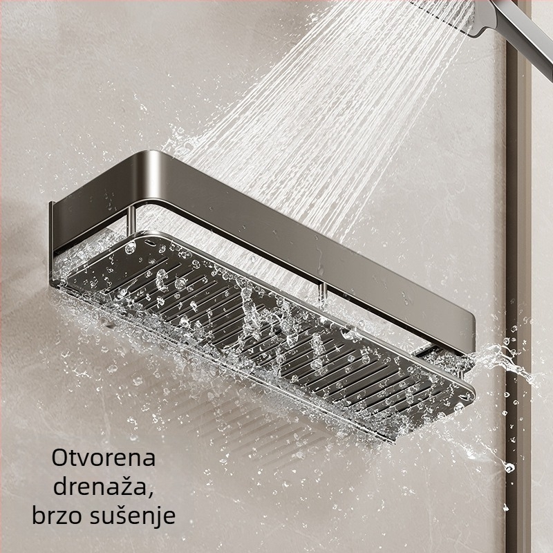 Zidna polica za kupaonicu, podignuta, bez bušenja; aluminijska konstrukcija, nosivost 15 kg