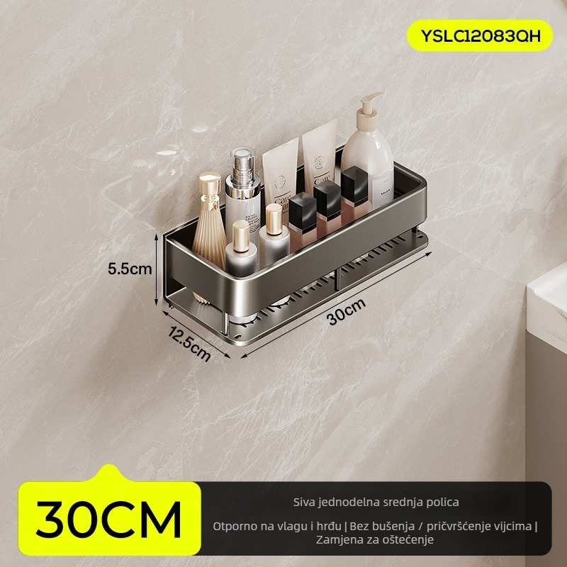 Zidna polica za kupaonicu, podignuta, bez bušenja; aluminijska konstrukcija, nosivost 15 kg