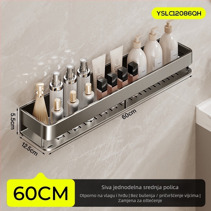 Zidna polica za kupaonicu, podignuta, bez bušenja; aluminijska konstrukcija, nosivost 15 kg