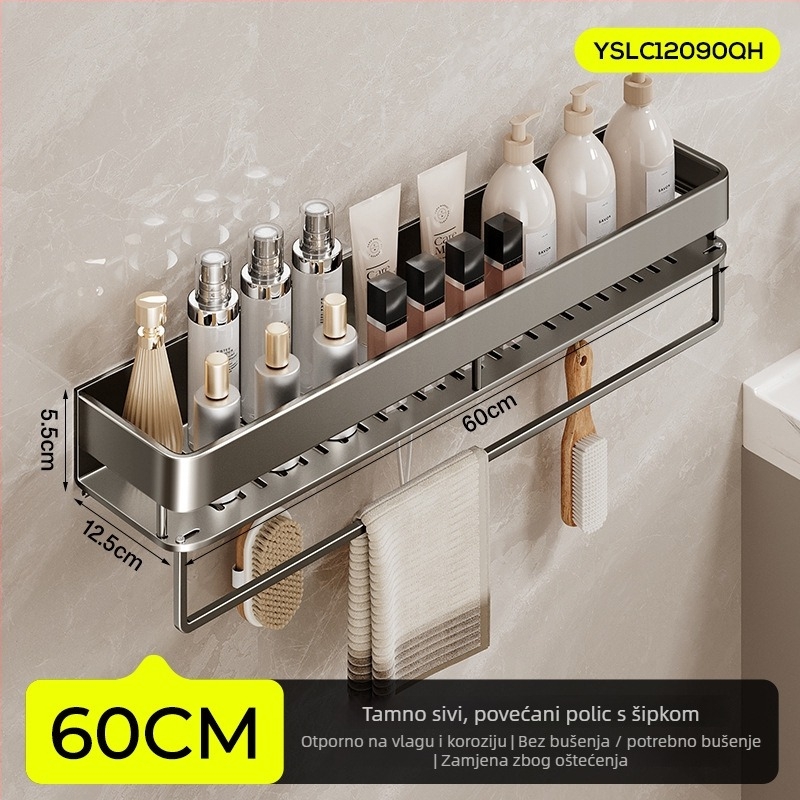 Zidna polica za kupaonicu, podignuta, bez bušenja; aluminijska konstrukcija, nosivost 15 kg