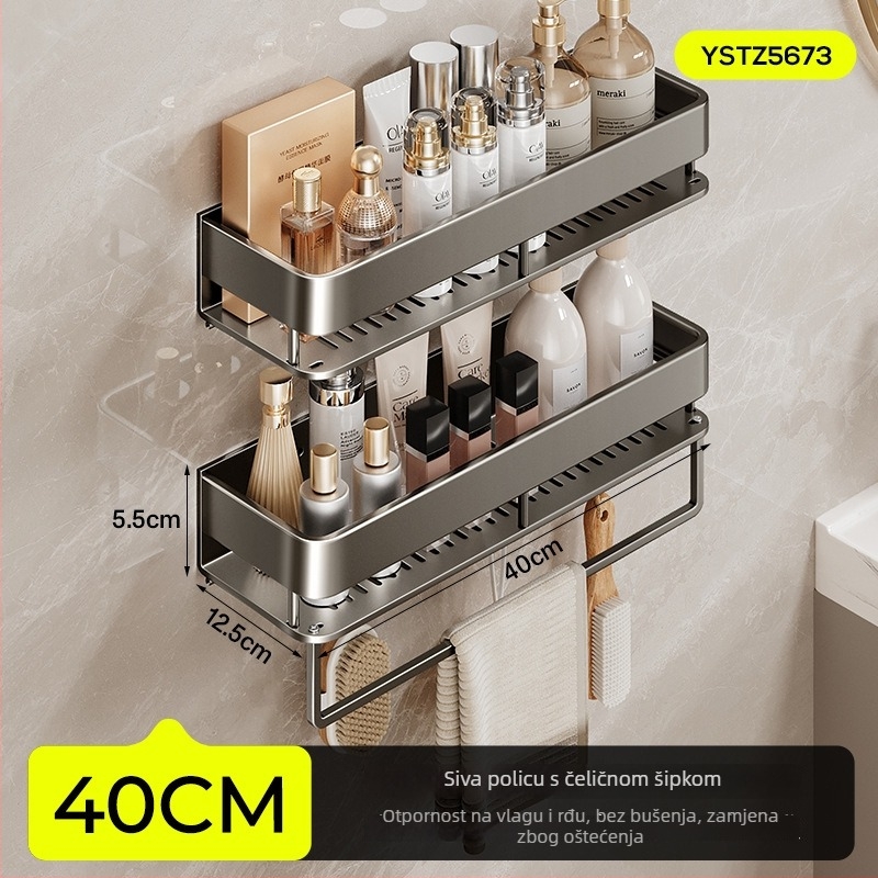 Zidna polica za kupaonicu, podignuta, bez bušenja; aluminijska konstrukcija, nosivost 15 kg