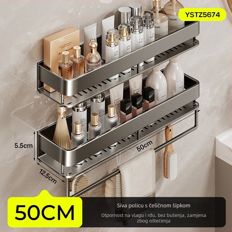 Zidna polica za kupaonicu, podignuta, bez bušenja; aluminijska konstrukcija, nosivost 15 kg