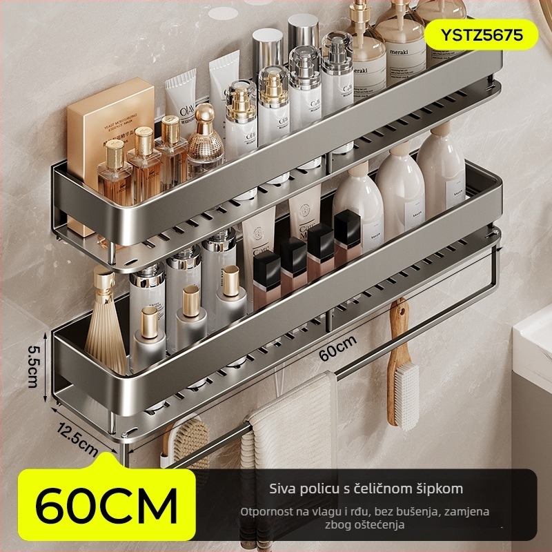 Zidna polica za kupaonicu, podignuta, bez bušenja; aluminijska konstrukcija, nosivost 15 kg