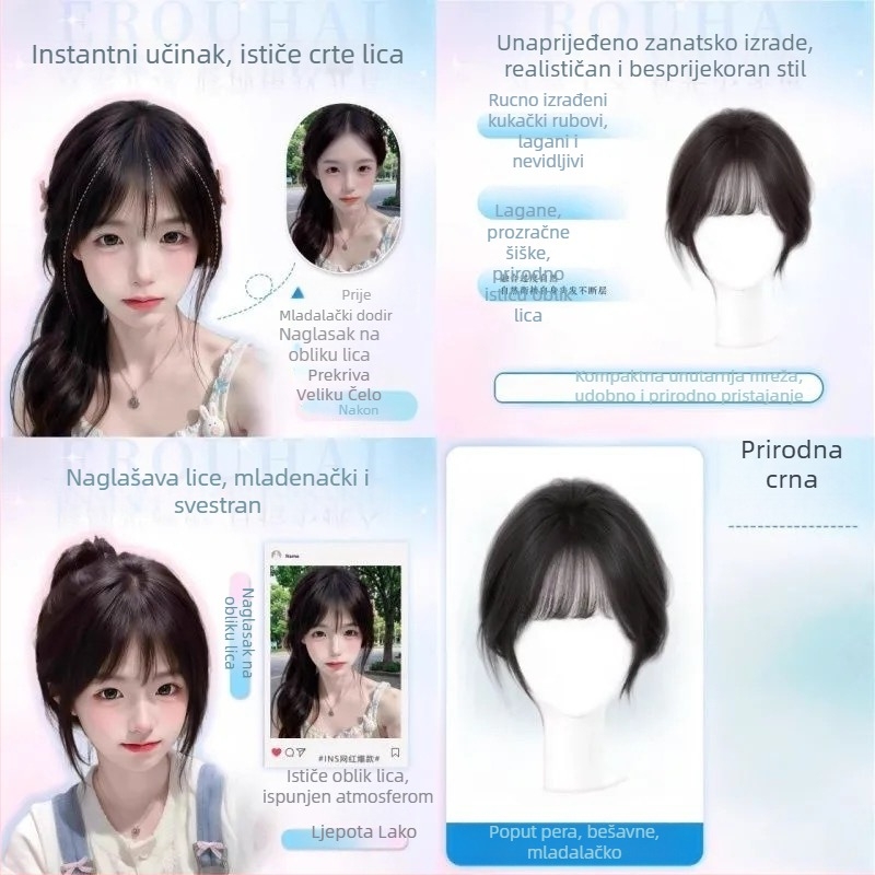 Perika s bangs, gornji dio za dopunu kose, voluminozan prirodni fringe, ručno tkan proteinska svila