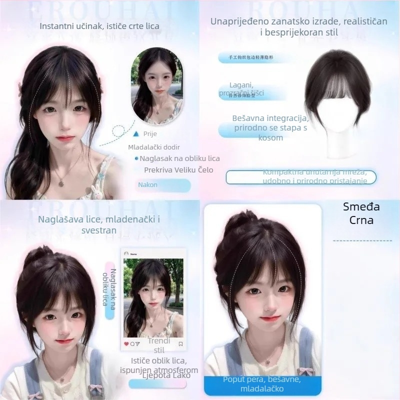 Perika s bangs, gornji dio za dopunu kose, voluminozan prirodni fringe, ručno tkan proteinska svila