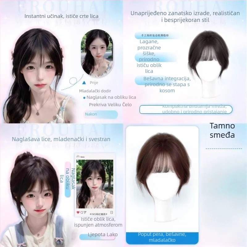 Perika s bangs, gornji dio za dopunu kose, voluminozan prirodni fringe, ručno tkan proteinska svila