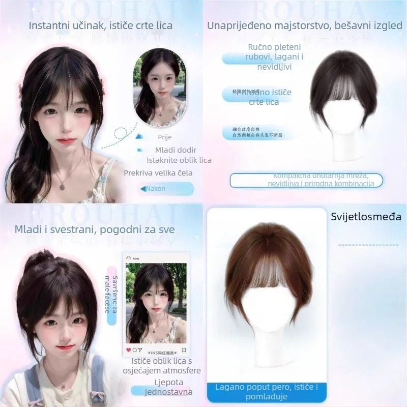 Perika s bangs, gornji dio za dopunu kose, voluminozan prirodni fringe, ručno tkan proteinska svila