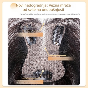 Topper za kosu za žene – volumen na vrhu glave, pokrivanje sijede kose, pahuljast bezšivan izgled; Materijal kose: Miješani svila; Obrada: Mehanizam; Model: HS butterfly net, srednje podijeljene šiške; Šiške: ravne ili nagnute