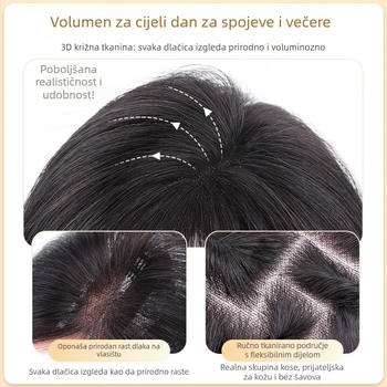 Topper za kosu za žene – volumen na vrhu glave, pokrivanje sijede kose, pahuljast bezšivan izgled; Materijal kose: Miješani svila; Obrada: Mehanizam; Model: HS butterfly net, srednje podijeljene šiške; Šiške: ravne ili nagnute