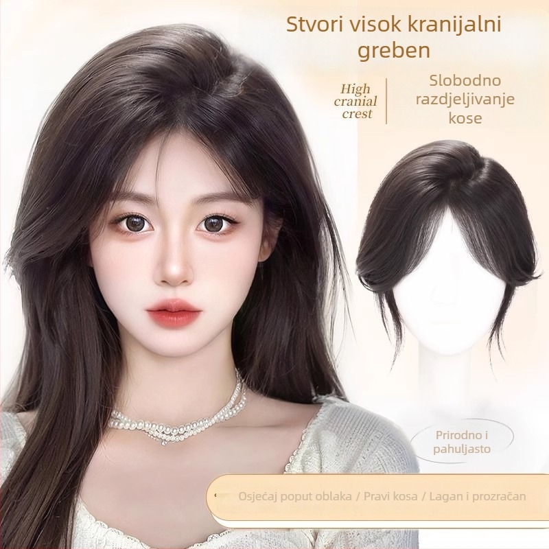 Topper za kosu za žene – volumen na vrhu glave, pokrivanje sijede kose, pahuljast bezšivan izgled; Materijal kose: Miješani svila; Obrada: Mehanizam; Model: HS butterfly net, srednje podijeljene šiške; Šiške: ravne ili nagnute