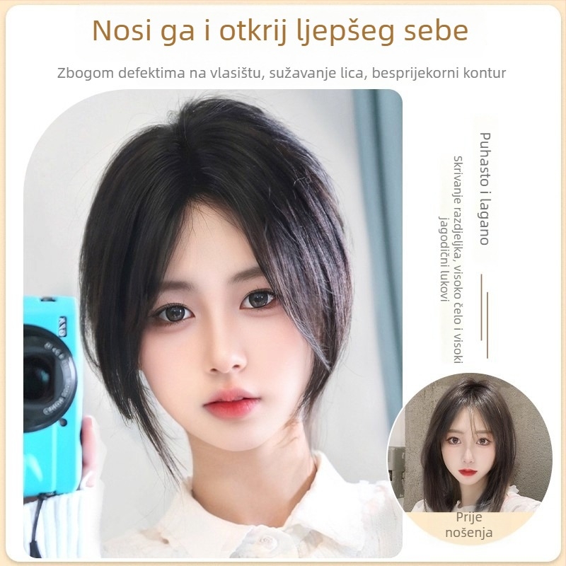 Topper za kosu za žene – volumen na vrhu glave, pokrivanje sijede kose, pahuljast bezšivan izgled; Materijal kose: Miješani svila; Obrada: Mehanizam; Model: HS butterfly net, srednje podijeljene šiške; Šiške: ravne ili nagnute