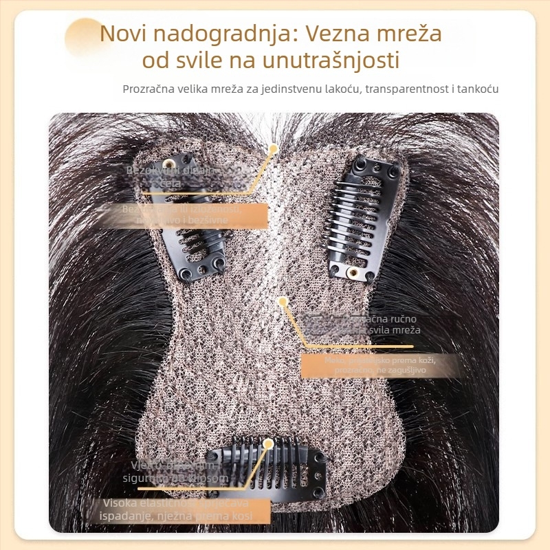 Topper za kosu za žene – volumen na vrhu glave, pokrivanje sijede kose, pahuljast bezšivan izgled; Materijal kose: Miješani svila; Obrada: Mehanizam; Model: HS butterfly net, srednje podijeljene šiške; Šiške: ravne ili nagnute