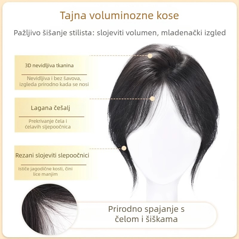 Topper za kosu za žene – volumen na vrhu glave, pokrivanje sijede kose, pahuljast bezšivan izgled; Materijal kose: Miješani svila; Obrada: Mehanizam; Model: HS butterfly net, srednje podijeljene šiške; Šiške: ravne ili nagnute