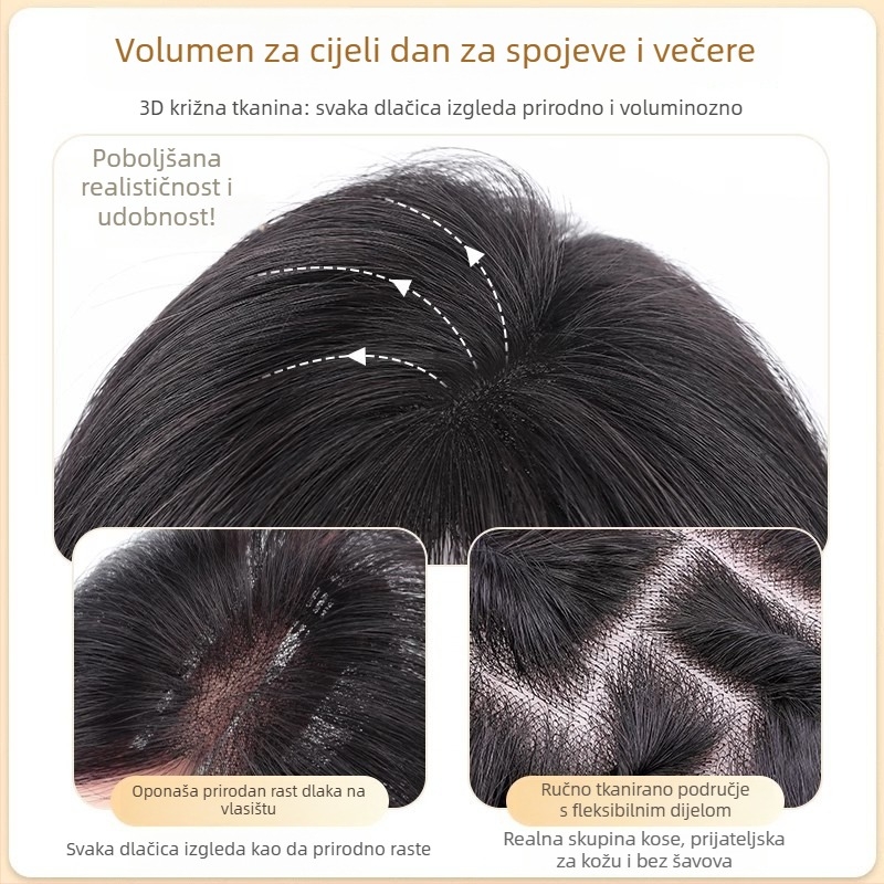 Topper za kosu za žene – volumen na vrhu glave, pokrivanje sijede kose, pahuljast bezšivan izgled; Materijal kose: Miješani svila; Obrada: Mehanizam; Model: HS butterfly net, srednje podijeljene šiške; Šiške: ravne ili nagnute