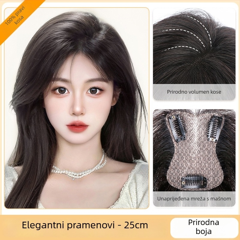 Topper za kosu za žene – volumen na vrhu glave, pokrivanje sijede kose, pahuljast bezšivan izgled; Materijal kose: Miješani svila; Obrada: Mehanizam; Model: HS butterfly net, srednje podijeljene šiške; Šiške: ravne ili nagnute