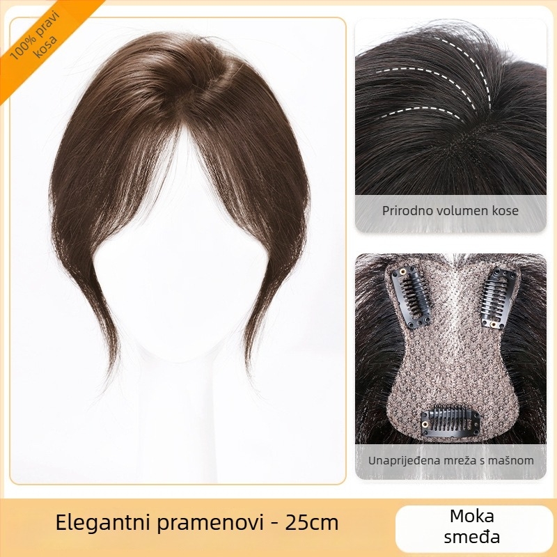 Topper za kosu za žene – volumen na vrhu glave, pokrivanje sijede kose, pahuljast bezšivan izgled; Materijal kose: Miješani svila; Obrada: Mehanizam; Model: HS butterfly net, srednje podijeljene šiške; Šiške: ravne ili nagnute
