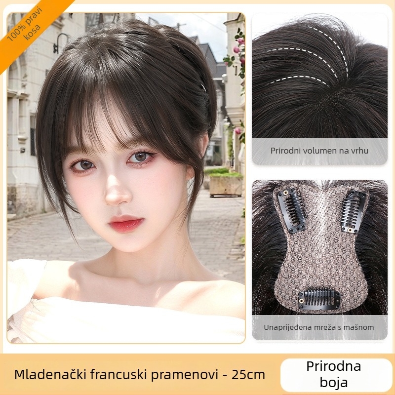 Topper za kosu za žene – volumen na vrhu glave, pokrivanje sijede kose, pahuljast bezšivan izgled; Materijal kose: Miješani svila; Obrada: Mehanizam; Model: HS butterfly net, srednje podijeljene šiške; Šiške: ravne ili nagnute