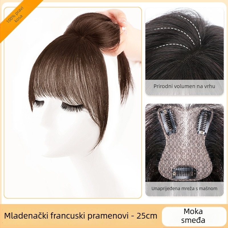 Topper za kosu za žene – volumen na vrhu glave, pokrivanje sijede kose, pahuljast bezšivan izgled; Materijal kose: Miješani svila; Obrada: Mehanizam; Model: HS butterfly net, srednje podijeljene šiške; Šiške: ravne ili nagnute