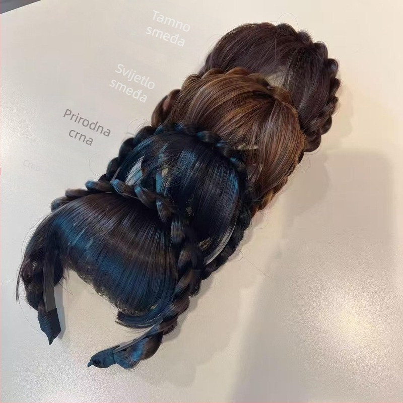 Perika s ribljim kostnim pletenicama i qi bangs, od jednoga komada, kosa od vlakana otpornih na toplinu, mehanička konstrukcija, za žene; nije za bojanje ili perm