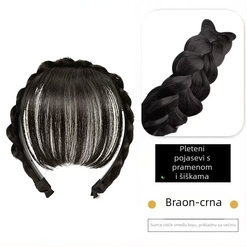 Perika s ribljim kostnim pletenicama i qi bangs, od jednoga komada, kosa od vlakana otpornih na toplinu, mehanička konstrukcija, za žene; nije za bojanje ili perm