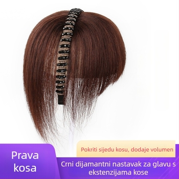 3D traka za glavu s bangs – paruka od prirodne ljudske kose, jedan komad, ravna, pokriva čelo s kristalnim akcentima