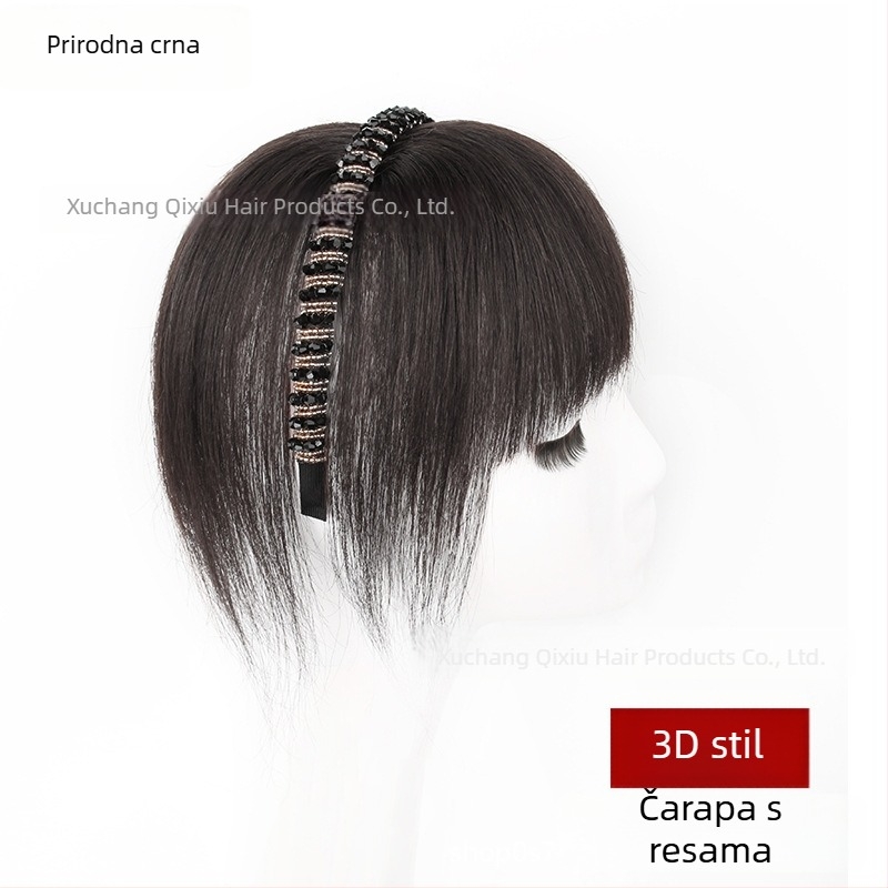 3D traka za glavu s bangs – paruka od prirodne ljudske kose, jedan komad, ravna, pokriva čelo s kristalnim akcentima
