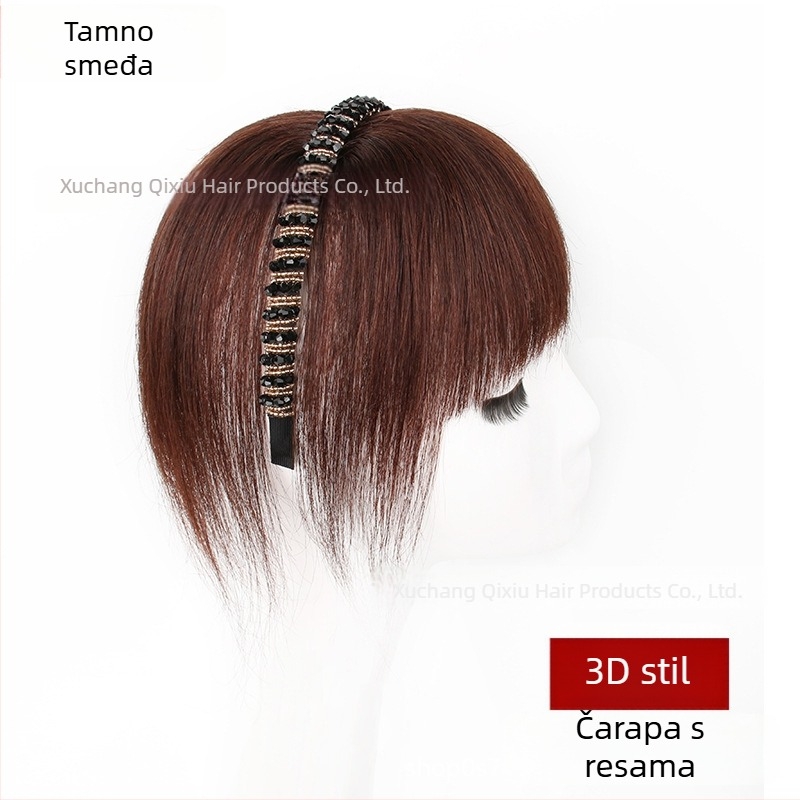 3D traka za glavu s bangs – paruka od prirodne ljudske kose, jedan komad, ravna, pokriva čelo s kristalnim akcentima