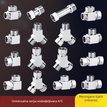 Bakarni troputni kutni ventil za distribuciju vode, ulaz 1, izlaz 2, spoj s četiri točke, 100°C, galvanizirani površinski premaz, okretna instalacija
