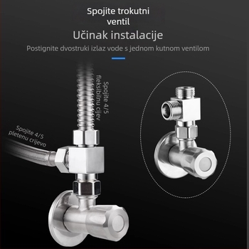 Bakarni troputni kutni ventil za distribuciju vode, ulaz 1, izlaz 2, spoj s četiri točke, 100°C, galvanizirani površinski premaz, okretna instalacija