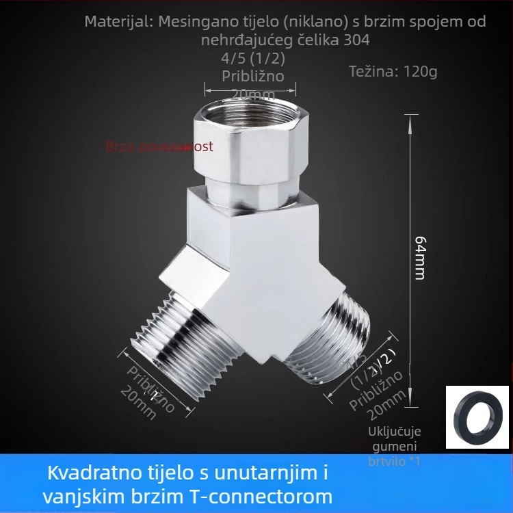 Bakarni troputni kutni ventil za distribuciju vode, ulaz 1, izlaz 2, spoj s četiri točke, 100°C, galvanizirani površinski premaz, okretna instalacija