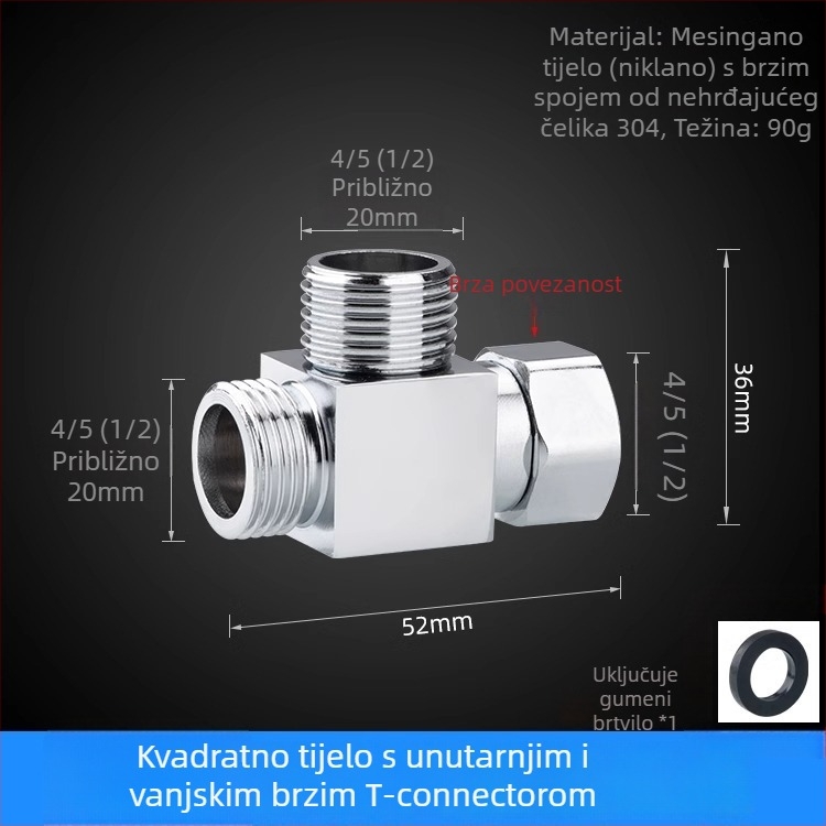 Bakarni troputni kutni ventil za distribuciju vode, ulaz 1, izlaz 2, spoj s četiri točke, 100°C, galvanizirani površinski premaz, okretna instalacija