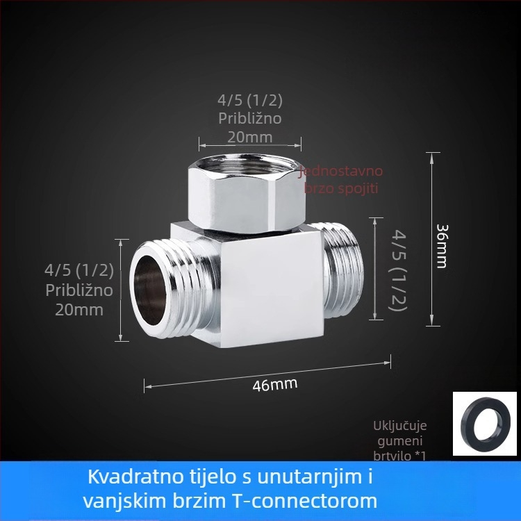 Bakarni troputni kutni ventil za distribuciju vode, ulaz 1, izlaz 2, spoj s četiri točke, 100°C, galvanizirani površinski premaz, okretna instalacija