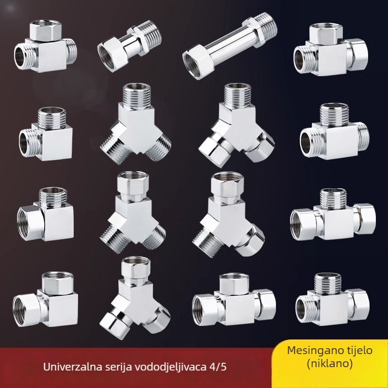 Bakarni troputni kutni ventil za distribuciju vode, ulaz 1, izlaz 2, spoj s četiri točke, 100°C, galvanizirani površinski premaz, okretna instalacija