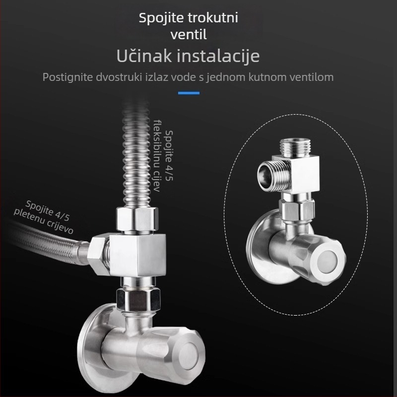 Bakarni troputni kutni ventil za distribuciju vode, ulaz 1, izlaz 2, spoj s četiri točke, 100°C, galvanizirani površinski premaz, okretna instalacija