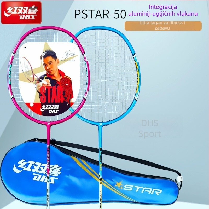 Reket badminton, potpuno karbonski, iznimno lagan, težina 95–100 g, debljina drške G3, tip reketa: ravni, pogodna za djecu