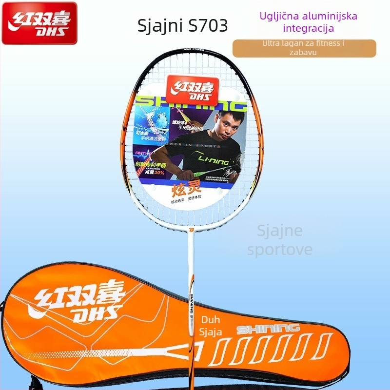 Reket badminton, potpuno karbonski, iznimno lagan, težina 95–100 g, debljina drške G3, tip reketa: ravni, pogodna za djecu