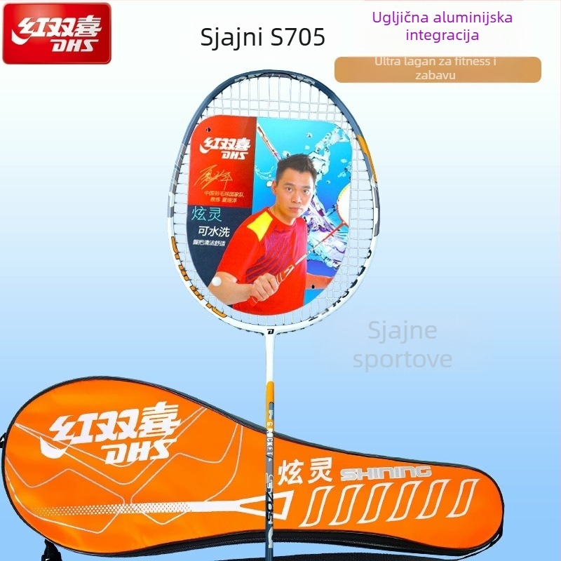 Reket badminton, potpuno karbonski, iznimno lagan, težina 95–100 g, debljina drške G3, tip reketa: ravni, pogodna za djecu