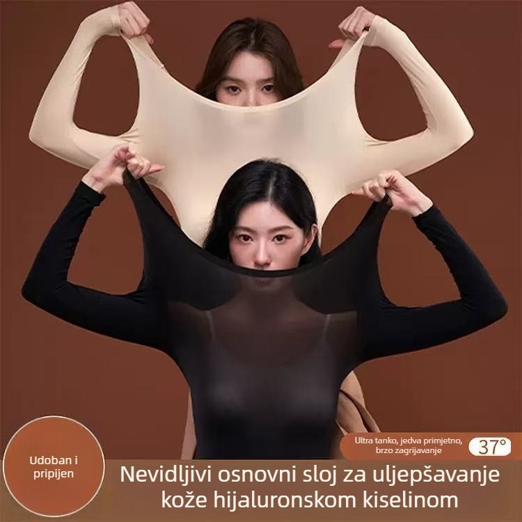 Ženski najlon bazni sloj set, ultra-tanki 81-100 g/m², okrugli izrez, dugi rukavi, hlače, zadržava toplinu