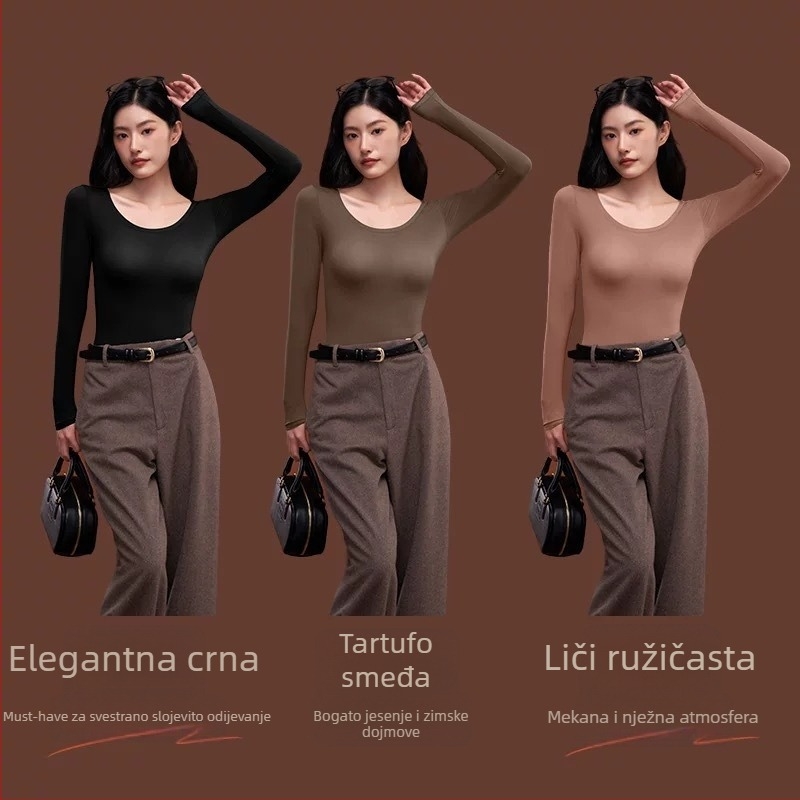 Ženski najlon bazni sloj set, ultra-tanki 81-100 g/m², okrugli izrez, dugi rukavi, hlače, zadržava toplinu